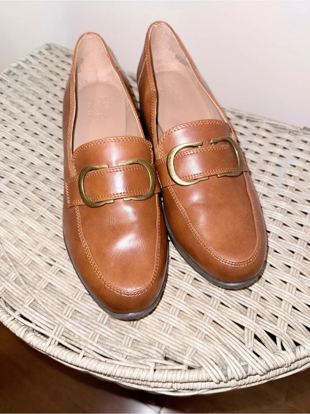 Classic Tan Leather Loafers with Gold Buckle
